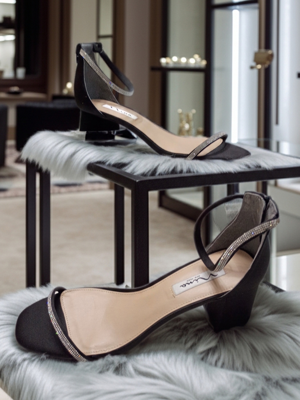 Nina Barby Formal Black Satin Ankle-Strap Block Heels with Crystal Accents